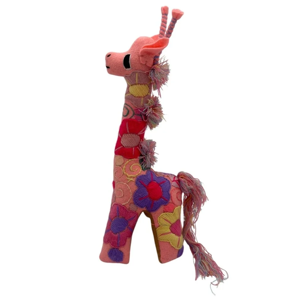 Unbranded Mexican Folk Art Embroidered Giraffe Plush 11in Pink